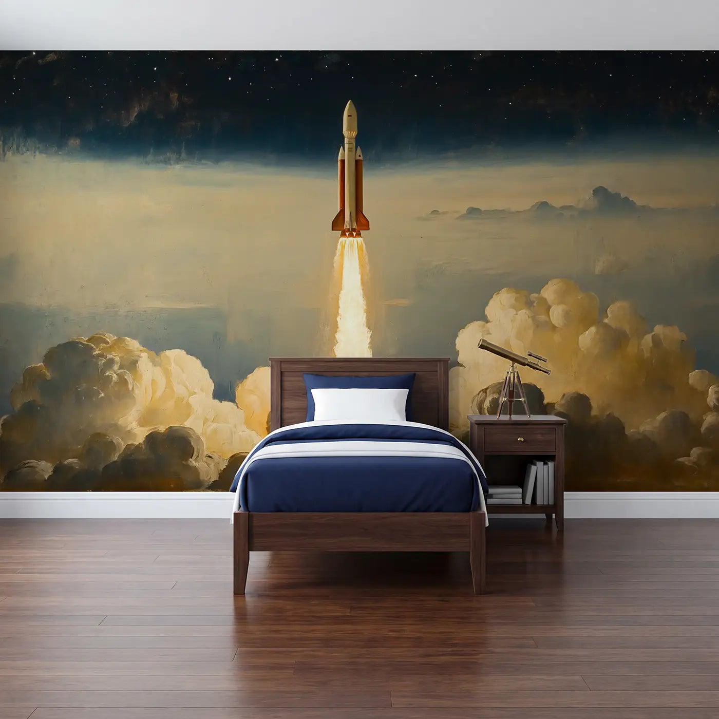 Painted Landscape rocket launch cloud break wallpaper mural for kids room by Whimsy Tots