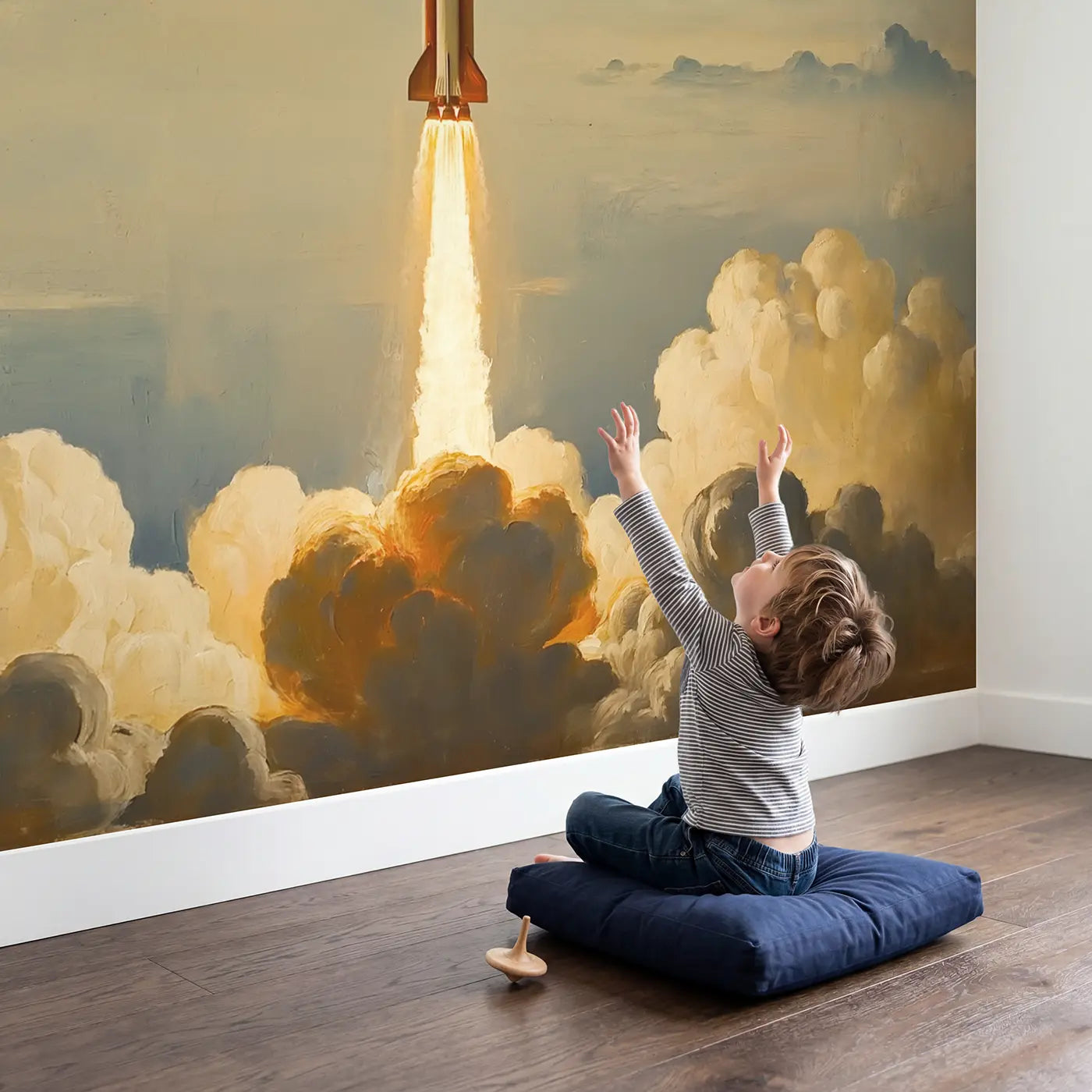 Child in nursery with Rocket Launch Cloud Break Wallpaper Mural by Whimsy Tots