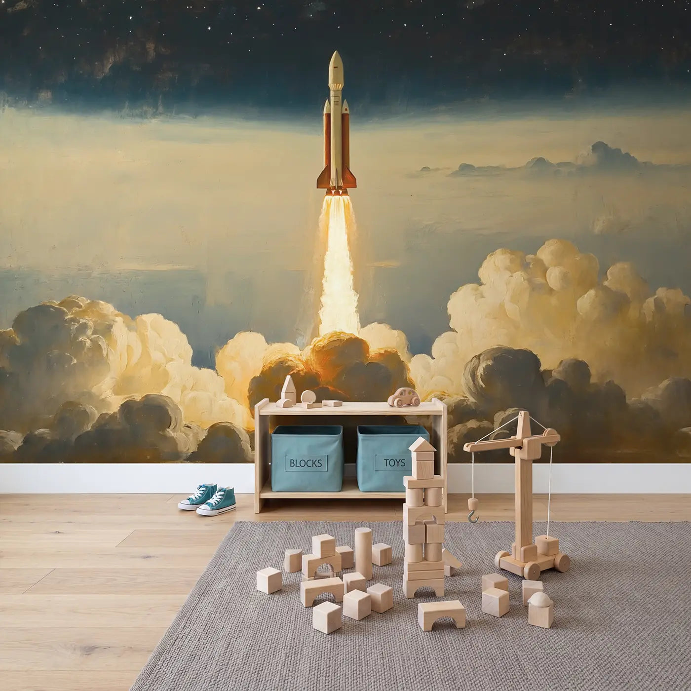 Rocket Launch Cloud Break Wallpaper Mural in playroom setting by Whimsy Tots