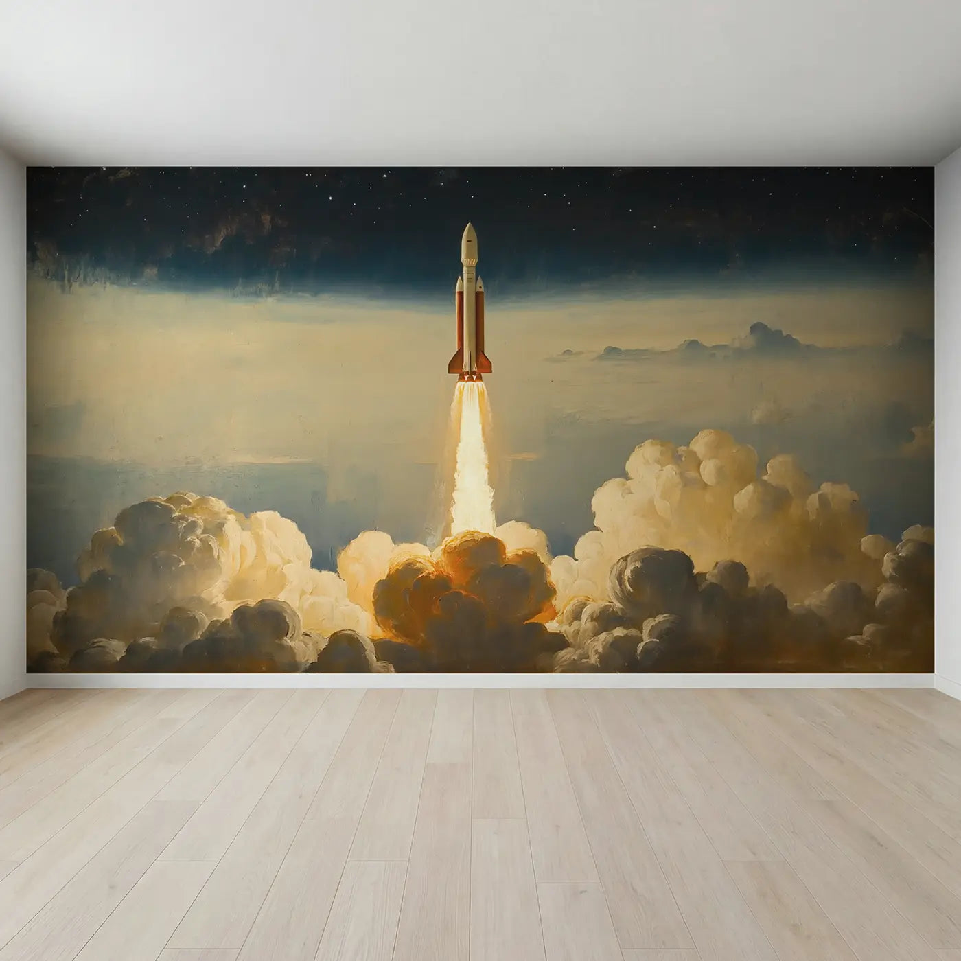 Full view of Rocket Launch Cloud Break Wallpaper Mural by Whimsy Tots