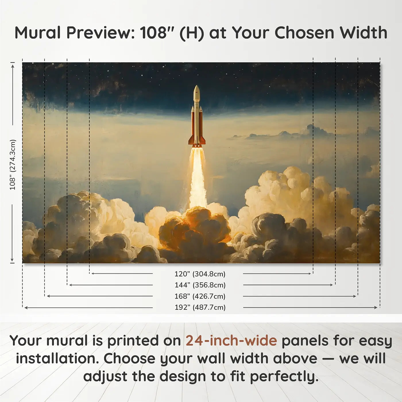 Panel layout and dimensions for Rocket Launch Cloud Break Wallpaper Mural by Whimsy Tots