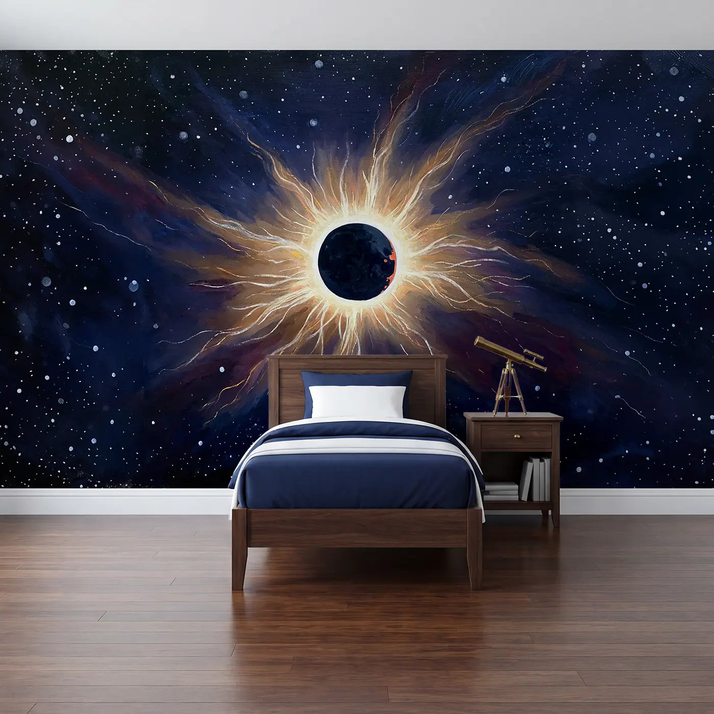 modern illustration total eclipse sun corona mural for kids bedroom by Whimsy Tots