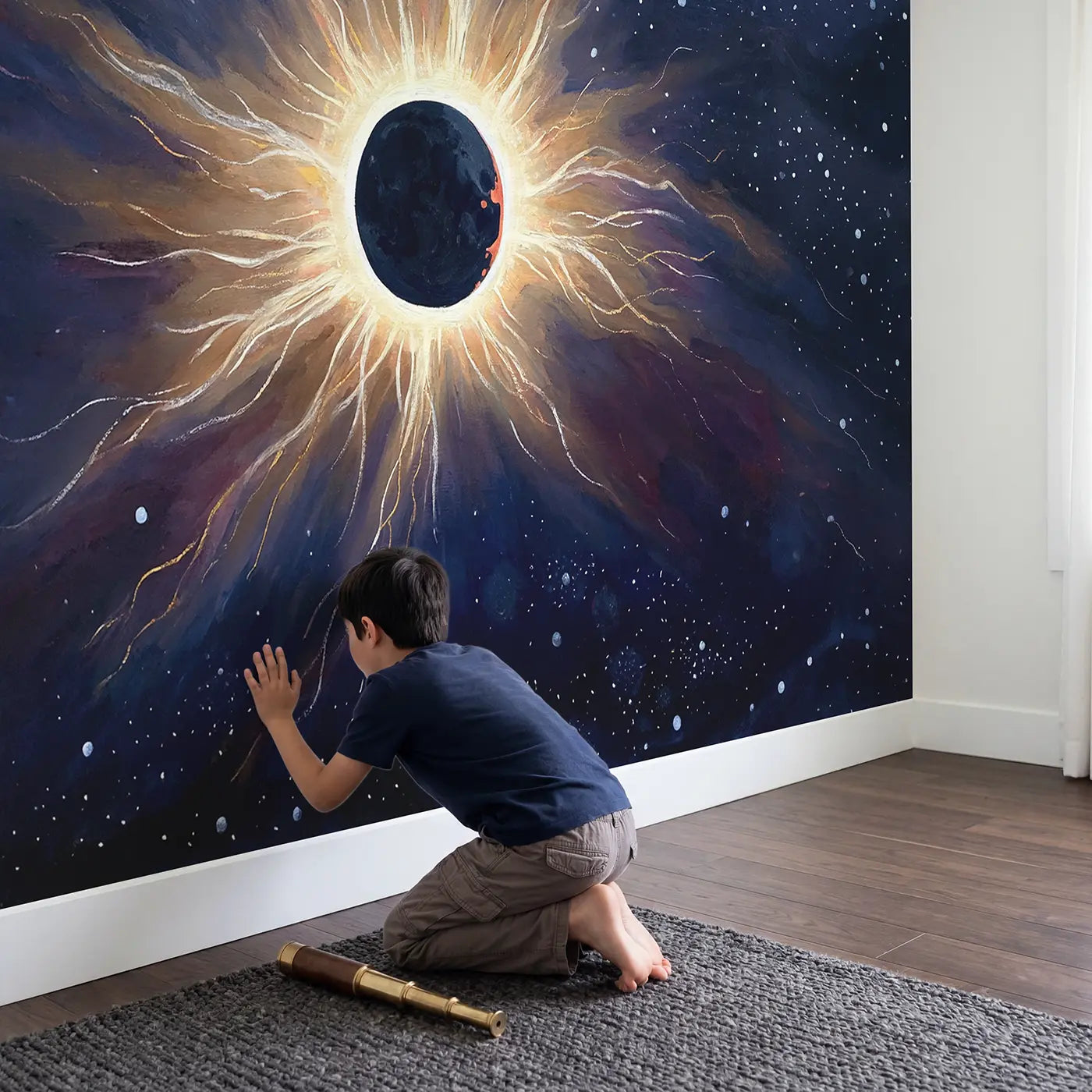 Child in nursery with Total Eclipse Sun Corona Wallpaper Mural by Whimsy Tots