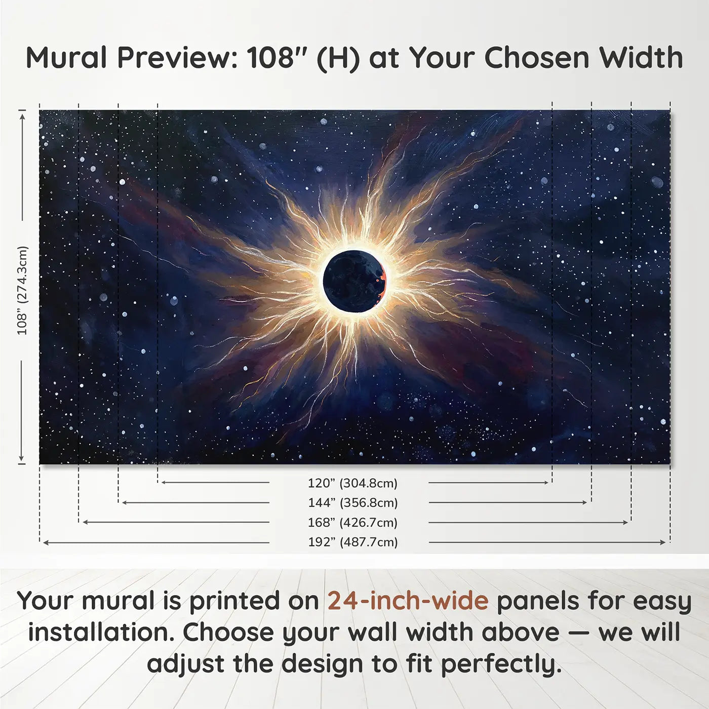 Panel layout and dimensions for Total Eclipse Sun Corona Wallpaper Mural by Whimsy Tots