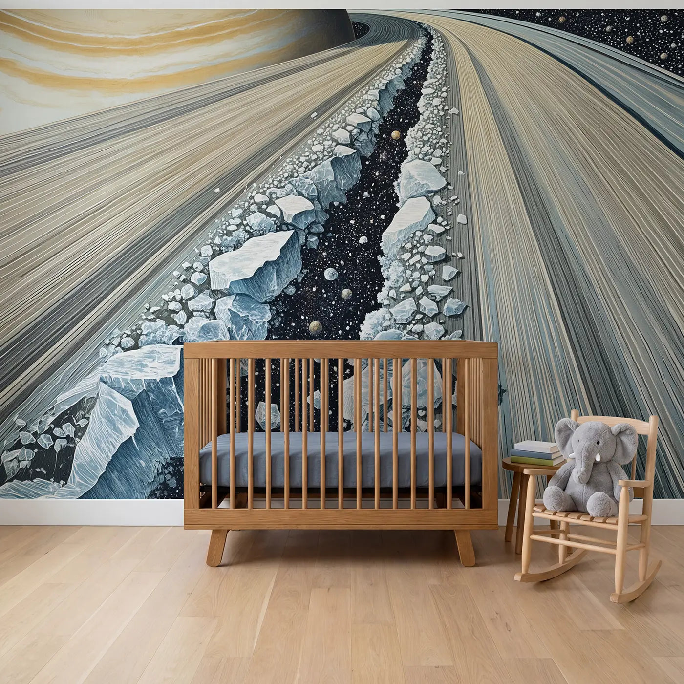 Block print inside Saturn rings space wallpaper mural for boys nursery by Whimsy Tots