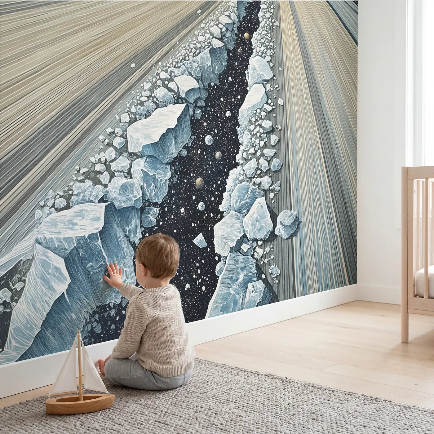 Child in nursery with Inside Saturn Rings Wallpaper Mural by Whimsy Tots