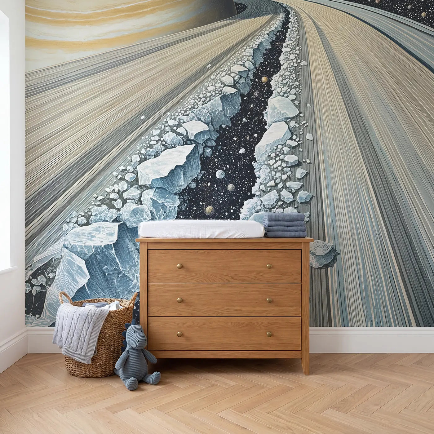 Inside Saturn Rings Wallpaper Mural in playroom setting by Whimsy Tots