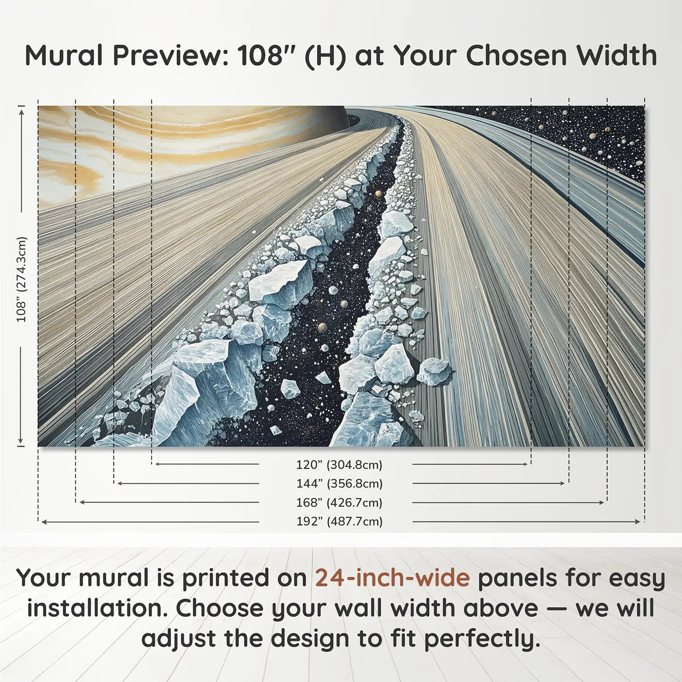 Panel layout and dimensions for Inside Saturn Rings Wallpaper Mural by Whimsy Tots