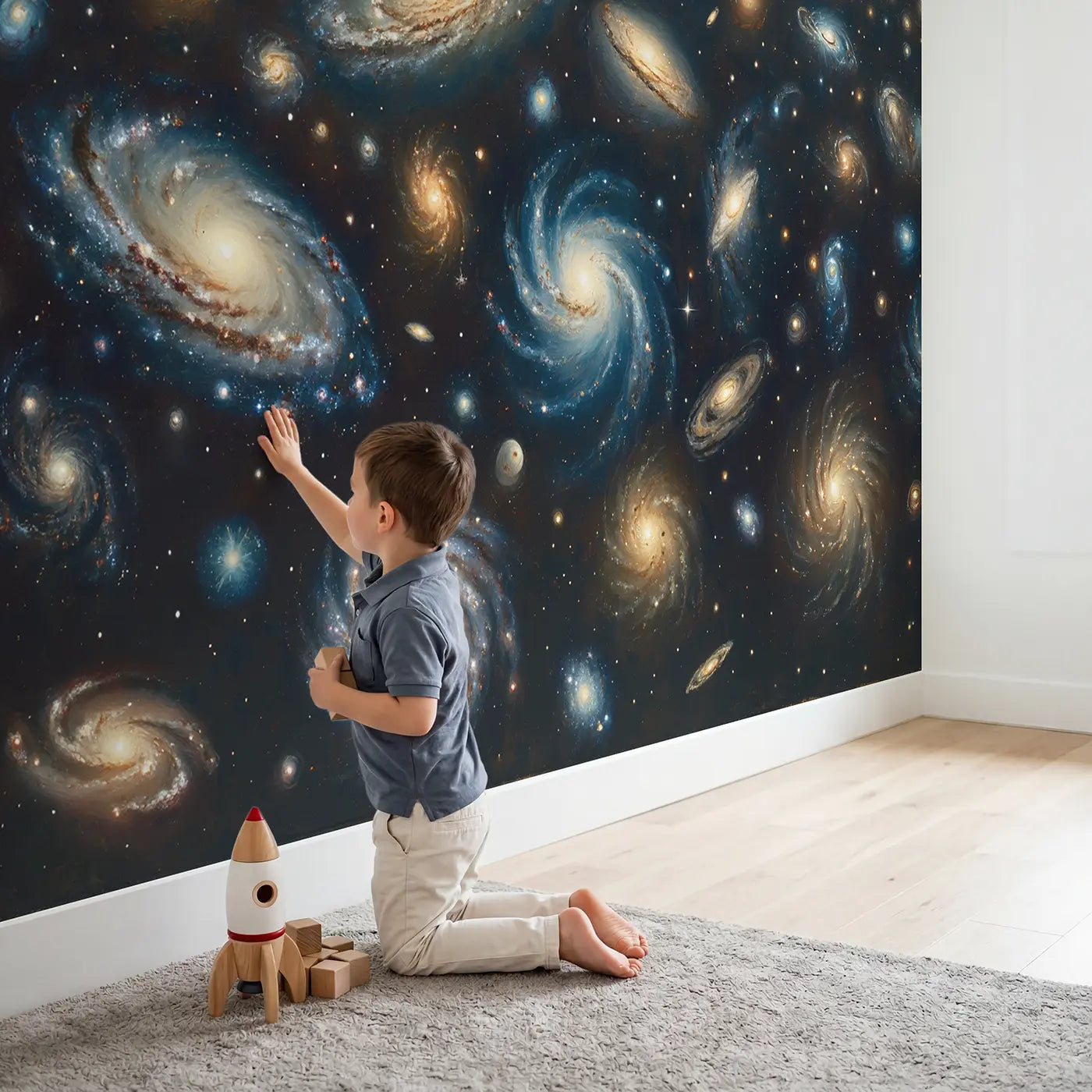 Child in nursery with Galaxy Cluster Deep Space Panorama Wallpaper Mural by Whimsy Tots