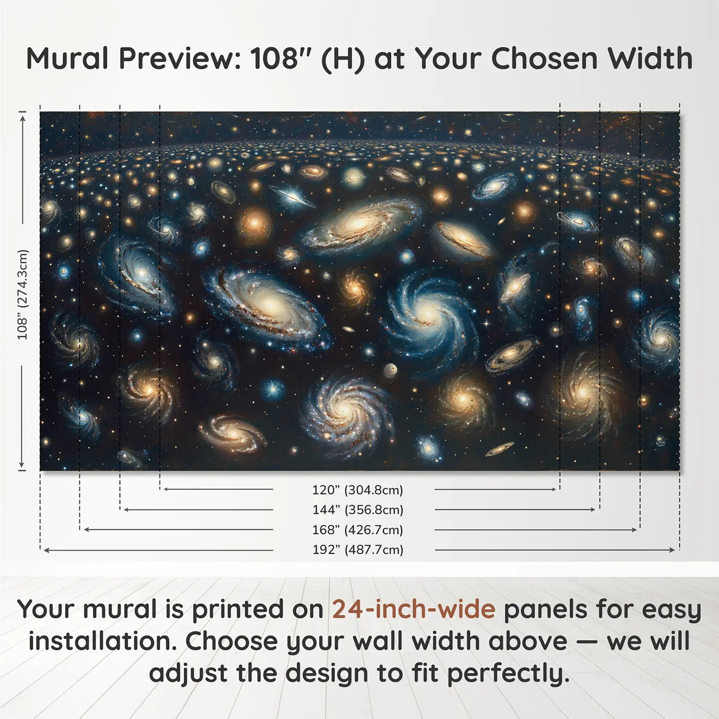 Panel layout and dimensions for Galaxy Cluster Deep Space Panorama Wallpaper Mural by Whimsy Tots
