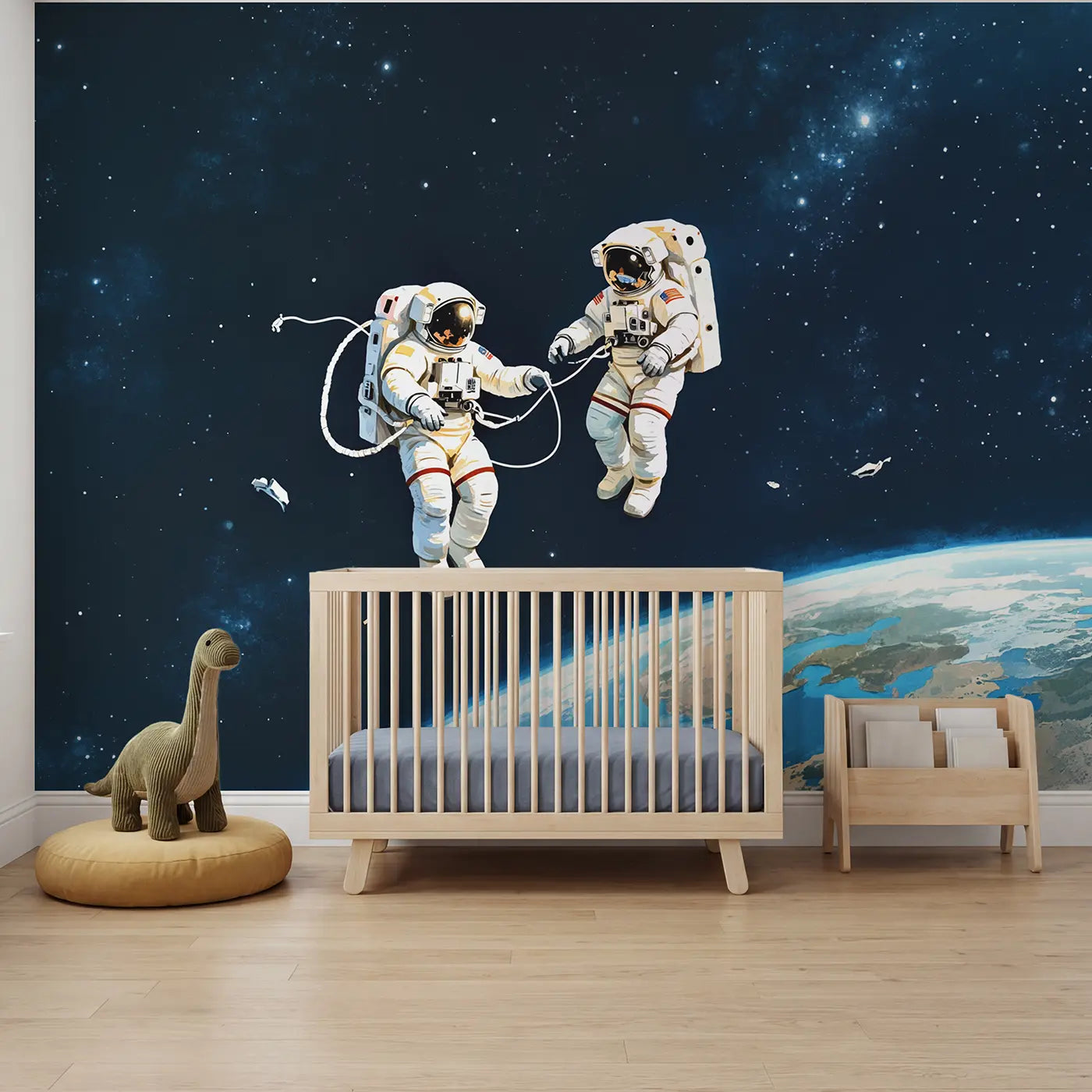 Soft pastel astronaut and planets space wallpaper mural for nursery by Whimsy Tots