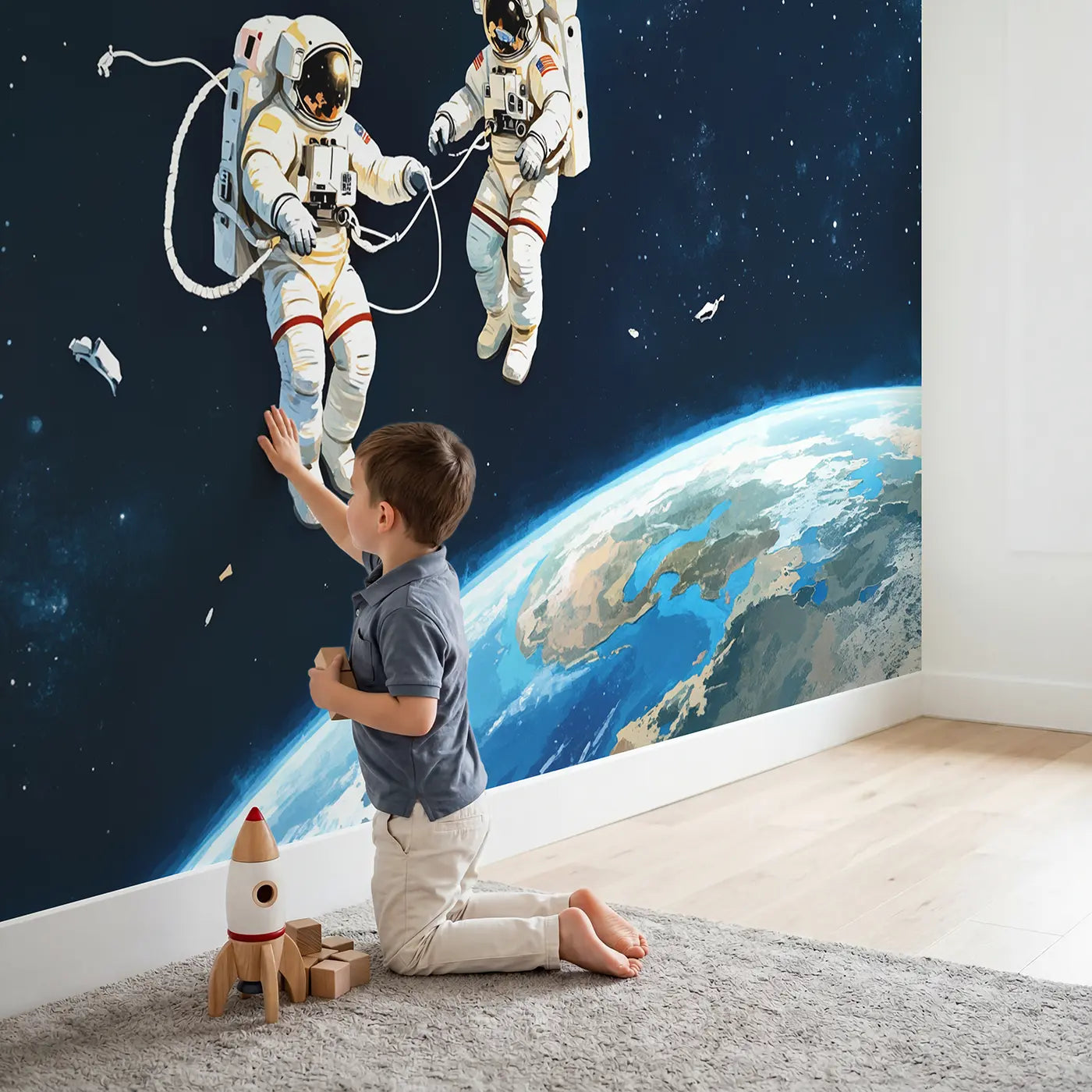 Child in nursery with Astronaut Space Walk Wallpaper Mural by Whimsy Tots