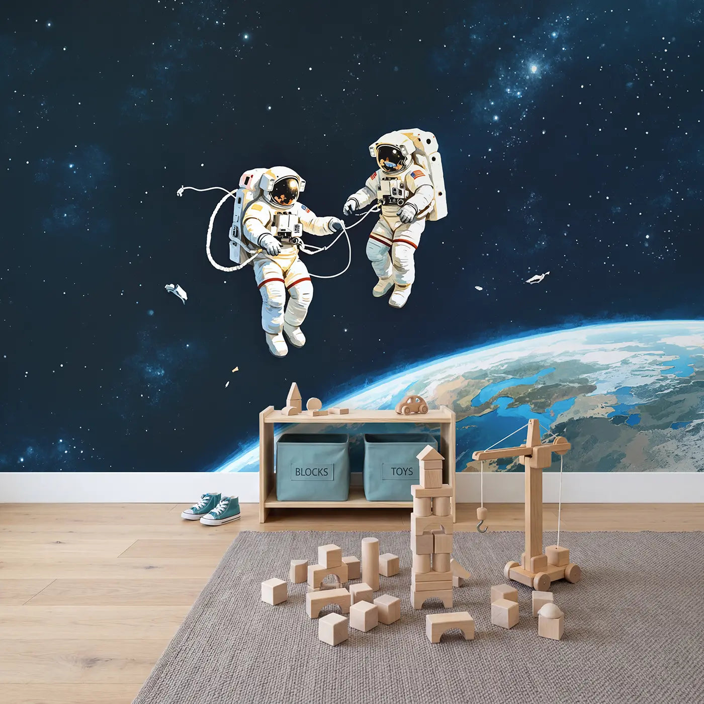 Astronaut Space Walk Wallpaper Mural in playroom setting by Whimsy Tots