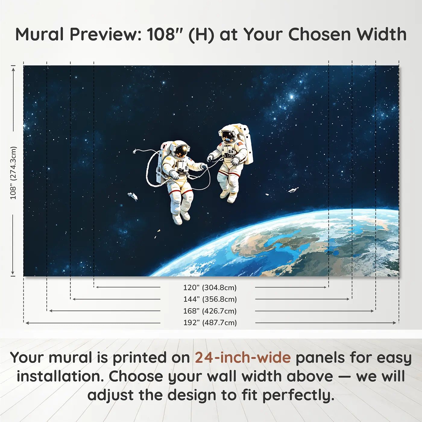 Panel layout and dimensions for Astronaut Space Walk Wallpaper Mural by Whimsy Tots