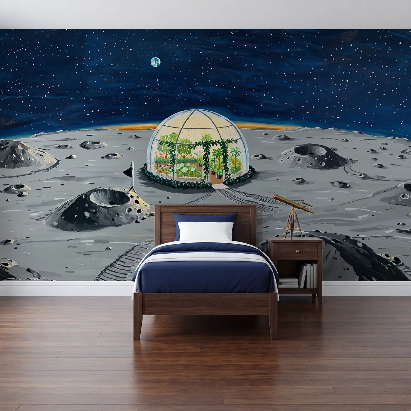 Modern illustration moon garden dome space wallpaper mural for kids room by Whimsy Tots