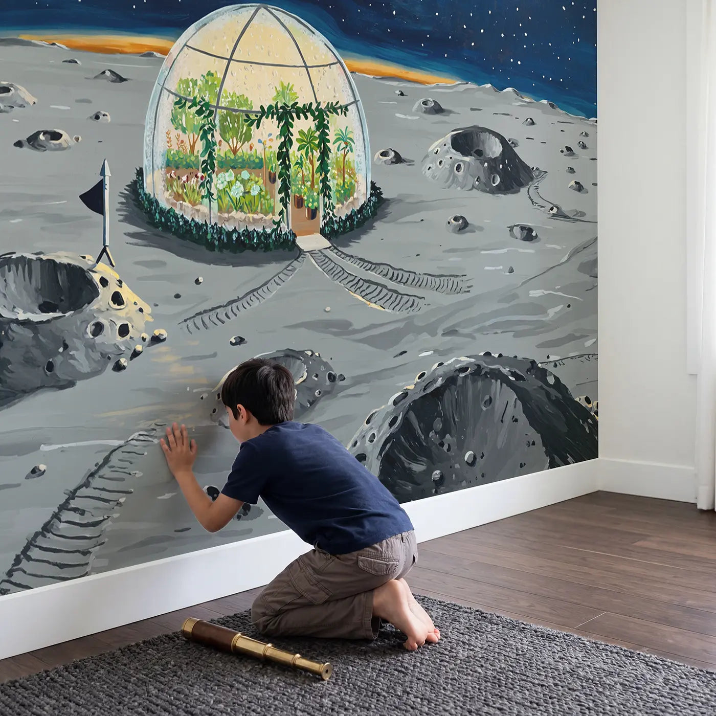Child in nursery with Moon Garden Dome Wallpaper Mural by Whimsy Tots