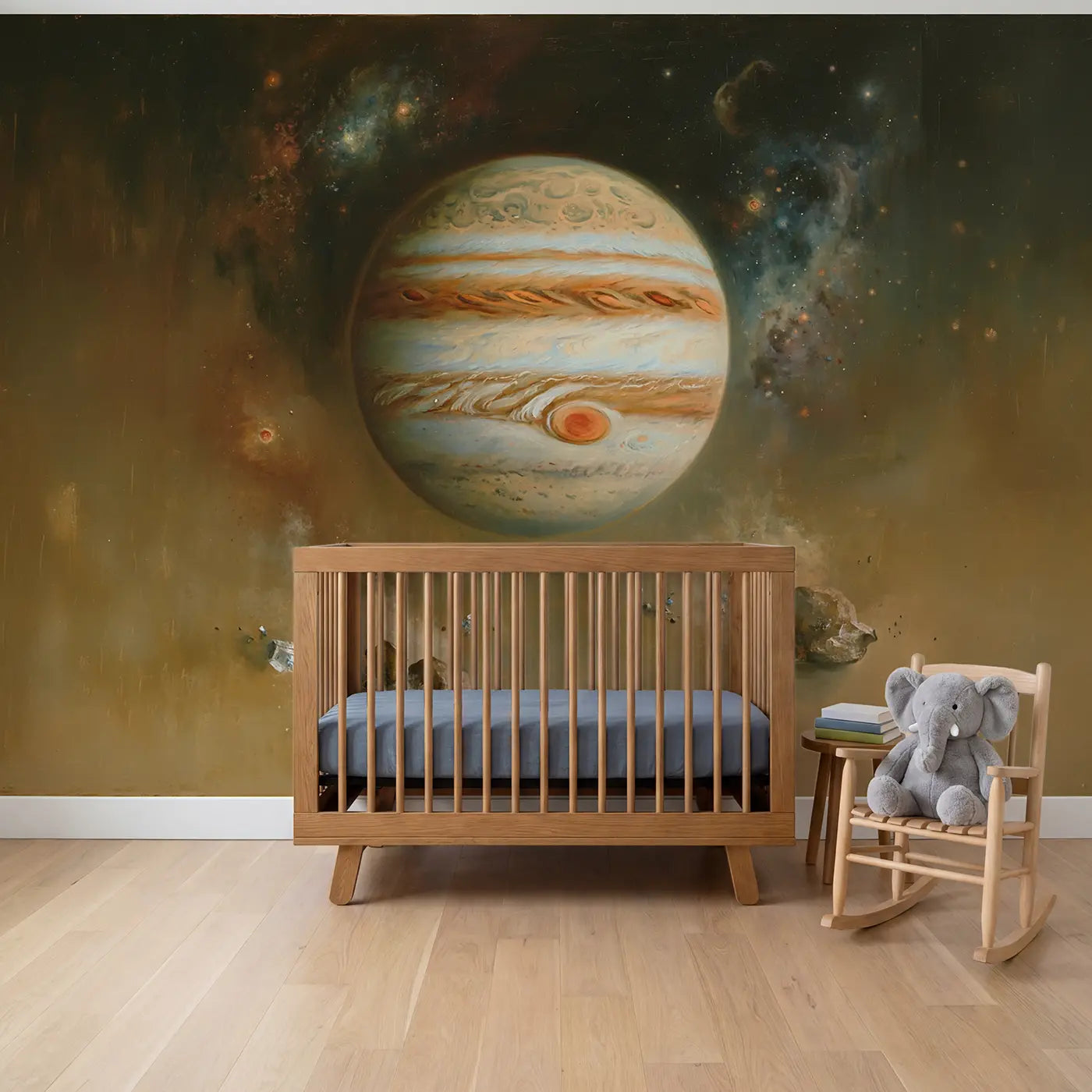 Painted landscape Jupiter red spot space wallpaper mural for nursery by Whimsy Tots