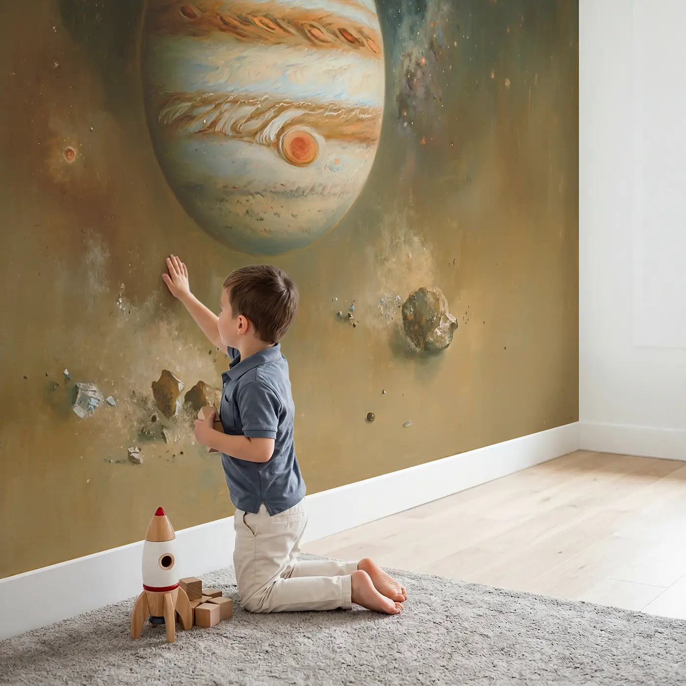 Child in nursery with Jupiter Great Red Spot Wallpaper Mural by Whimsy Tots