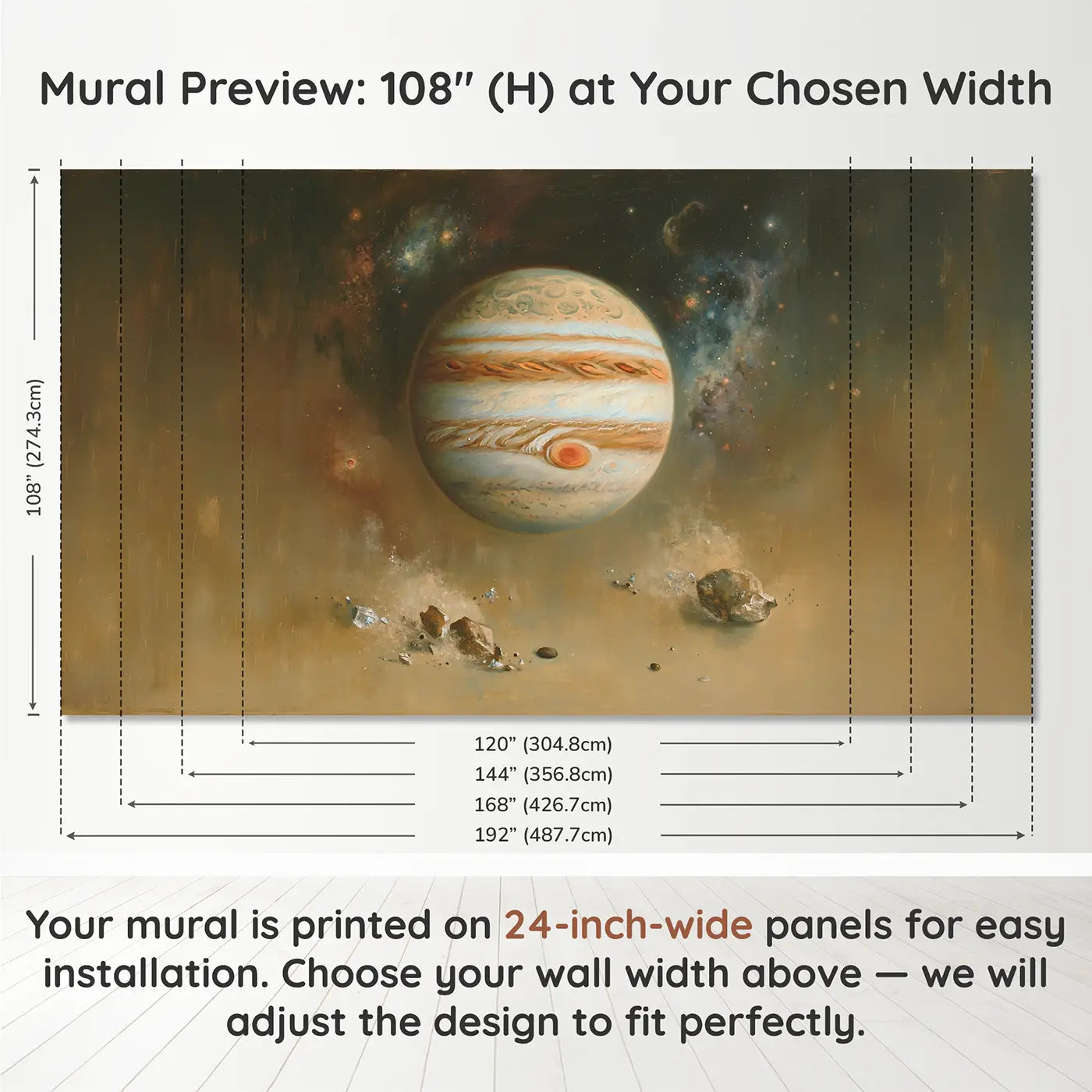 Panel layout and dimensions for Jupiter Great Red Spot Wallpaper Mural by Whimsy Tots
