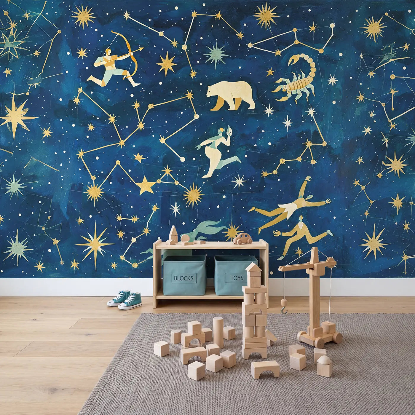 Illustrated Star Map Wallpaper Mural in playroom setting by Whimsy Tots
