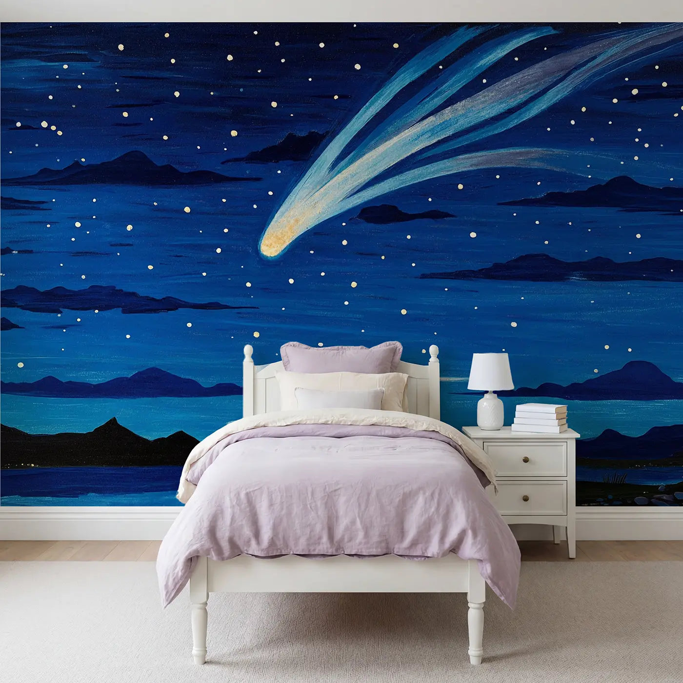 modern illustration comet trail night sky wallpaper mural for girls room by Whimsy Tots
