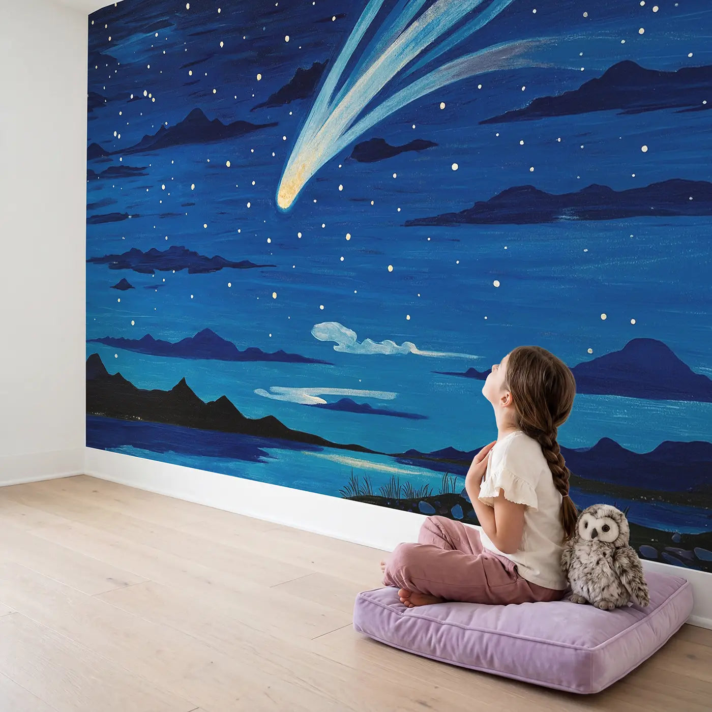 Child in nursery with Night Sky Comet Trail Wallpaper Mural by Whimsy Tots