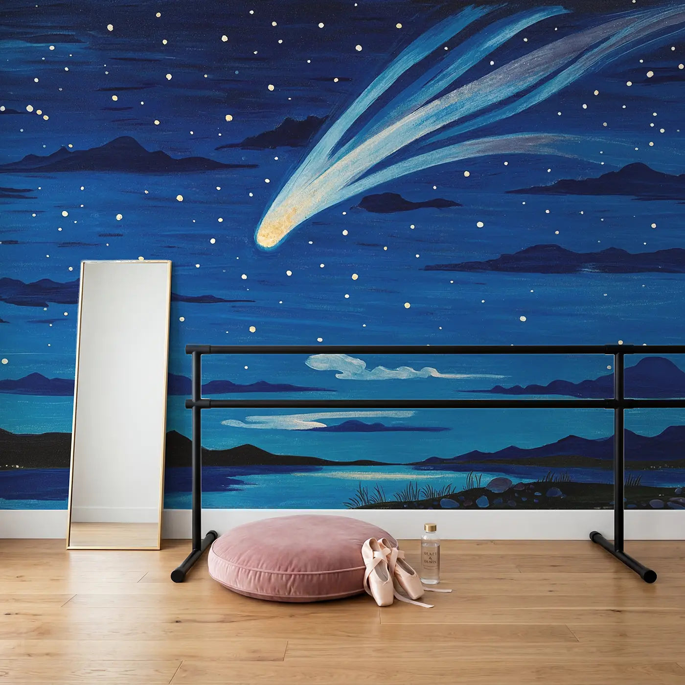 Night Sky Comet Trail Wallpaper Mural in playroom setting by Whimsy Tots