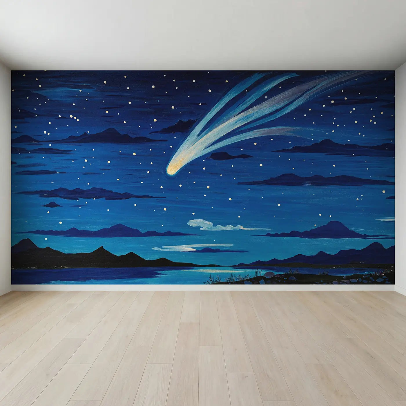 Full view of Night Sky Comet Trail Wallpaper Mural by Whimsy Tots