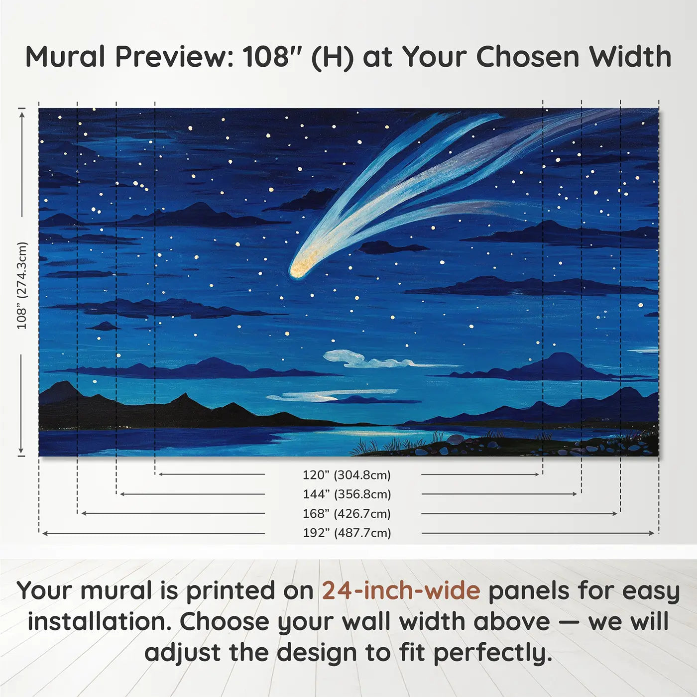 Panel layout and dimensions for Night Sky Comet Trail Wallpaper Mural by Whimsy Tots