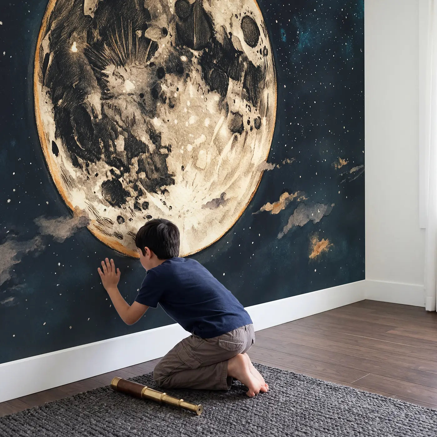 Child in nursery with Full Moon Crater Detail Wallpaper Mural by Whimsy Tots