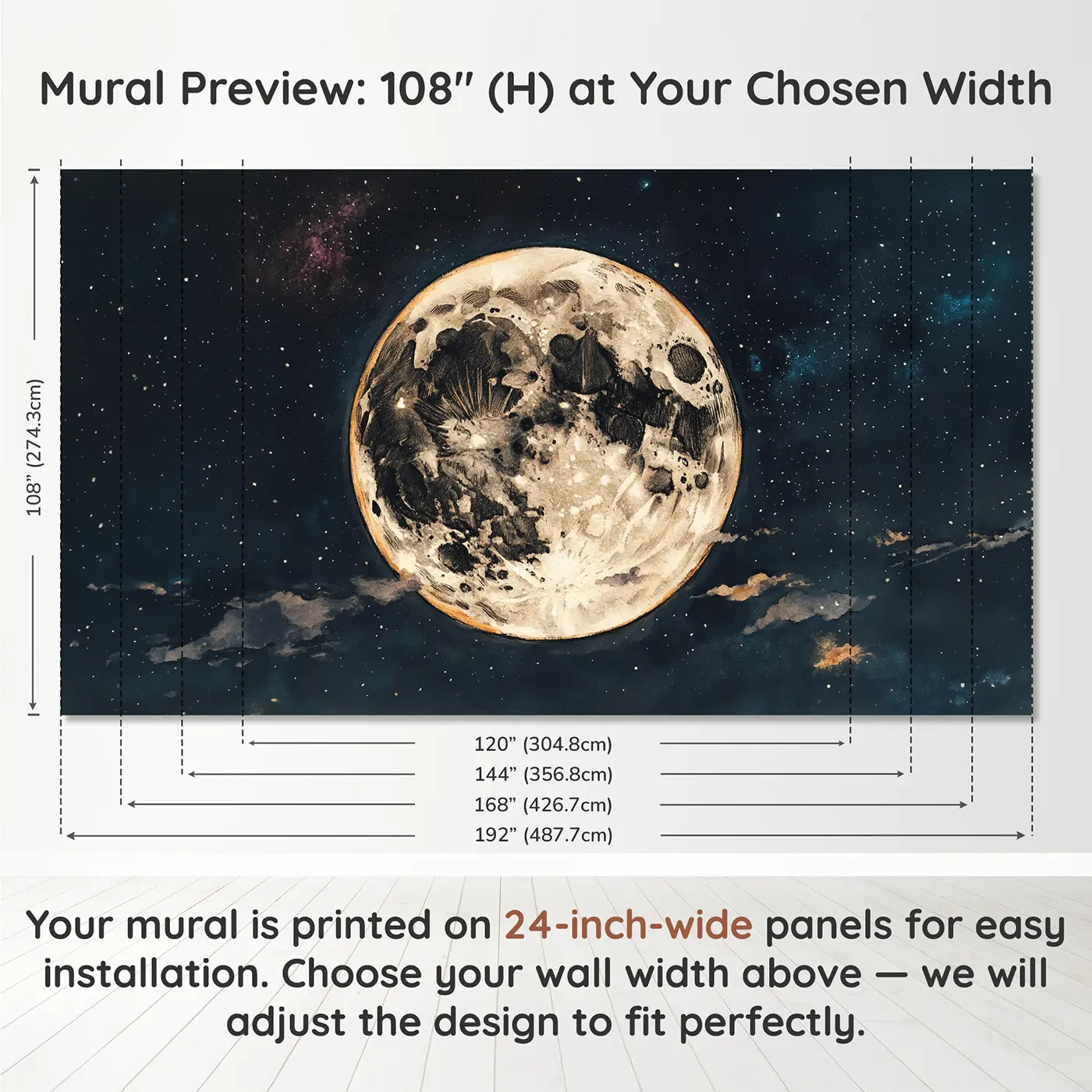 Panel layout and dimensions for Full Moon Crater Detail Wallpaper Mural by Whimsy Tots