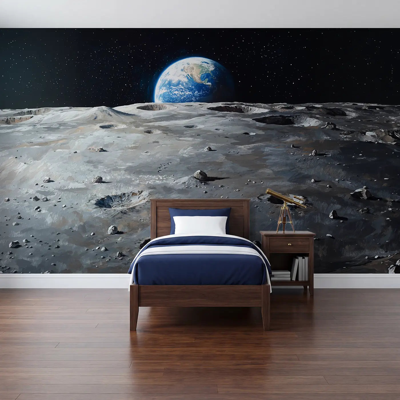 Soft pastel earthrise from moon surface lunar landscape wallpaper mural for kids room by Whimsy Tots