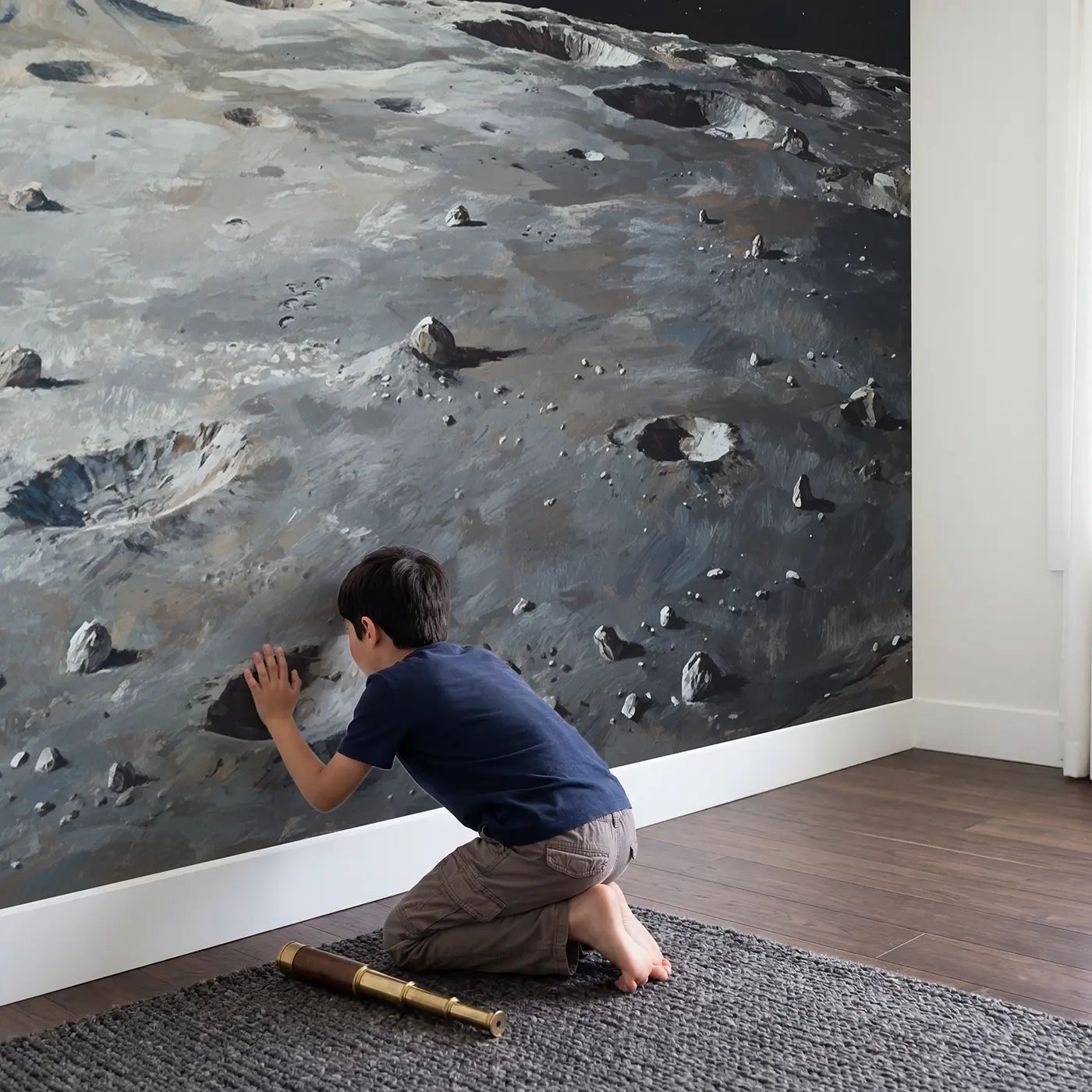 Child in nursery with Earthrise from Lunar Surface Wallpaper Mural by Whimsy Tots