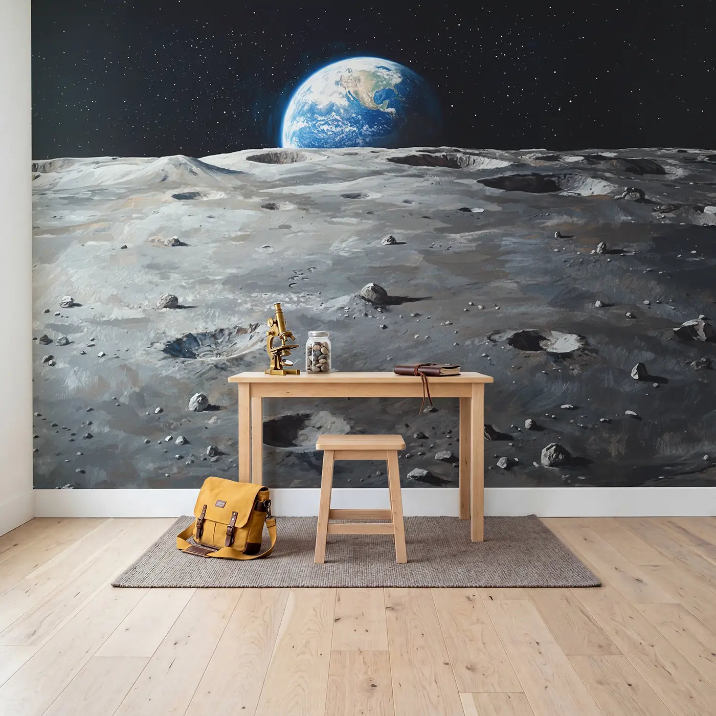 Earthrise from Lunar Surface Wallpaper Mural in playroom setting by Whimsy Tots