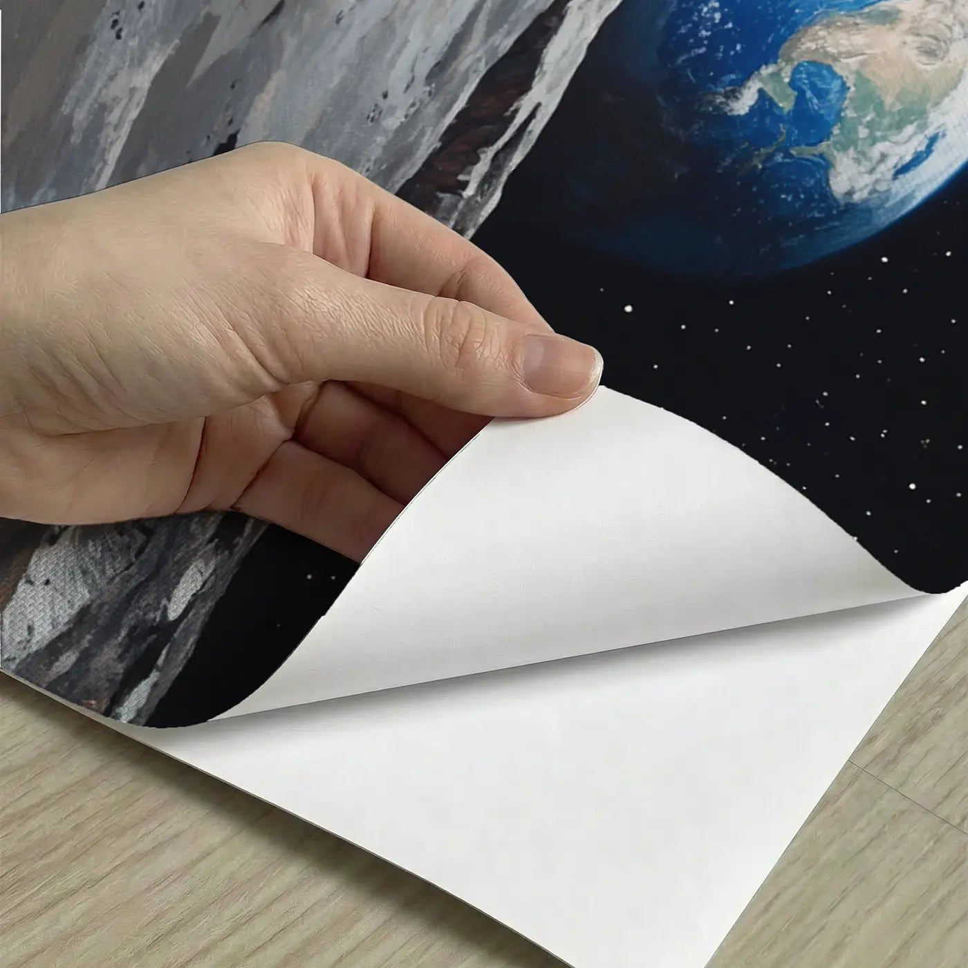 Peel-and-stick detail of Earthrise from Lunar Surface Wallpaper Mural by Whimsy Tots