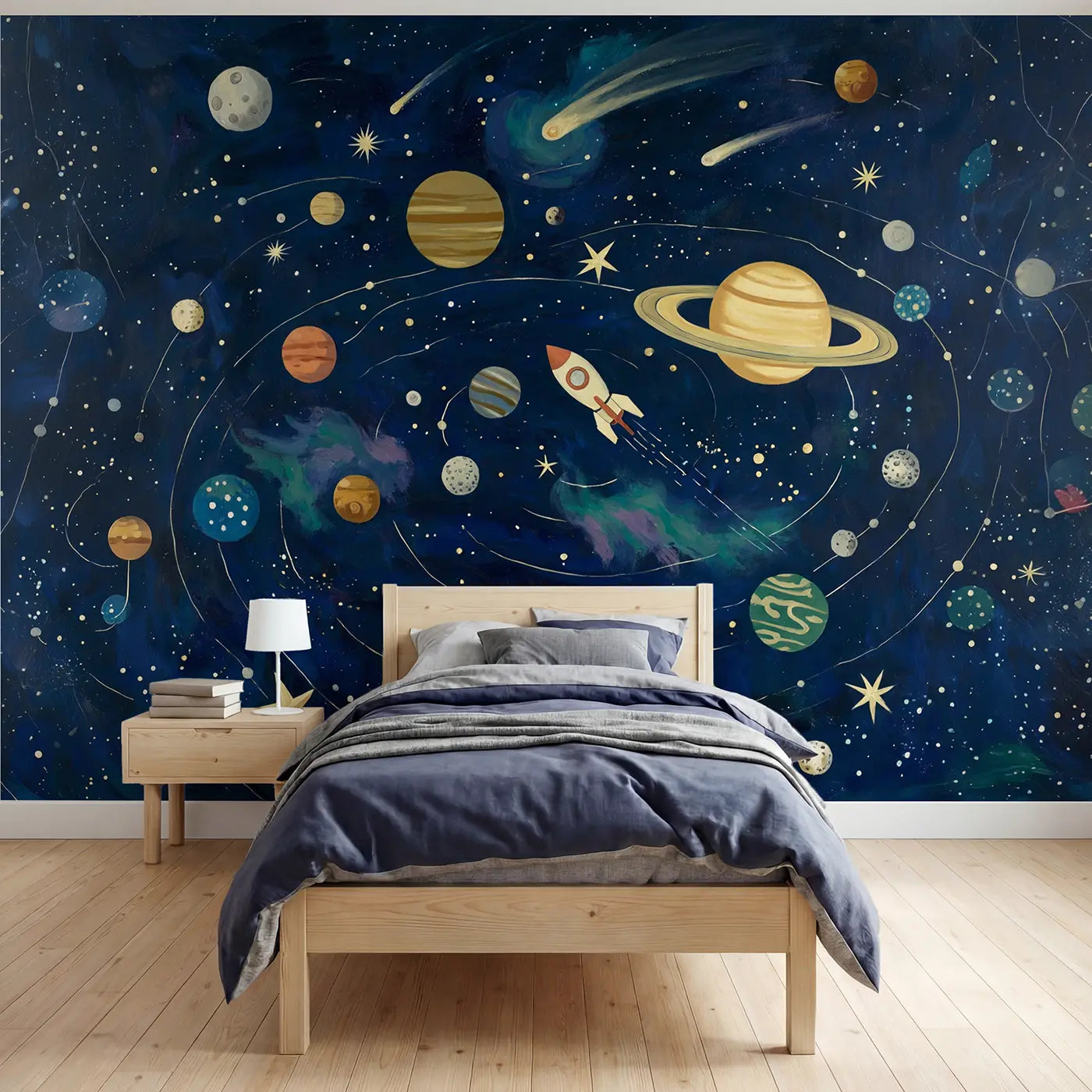 Modern illustration planet and saturn space wallpaper mural for boys room by Whimsy Tots