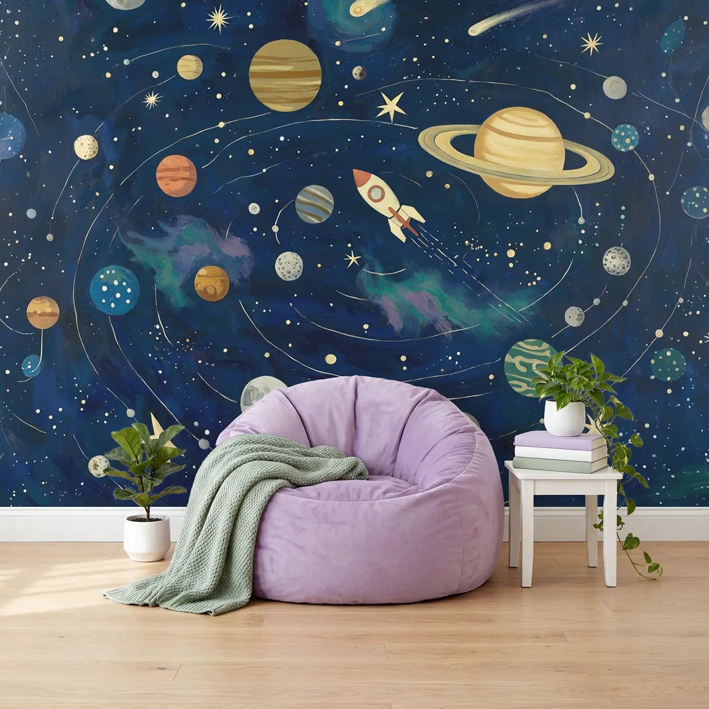 Solar System Explorer Wallpaper Mural in playroom setting by Whimsy Tots