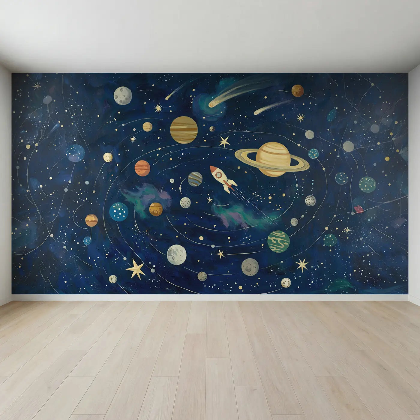 Full view of Solar System Explorer Wallpaper Mural by Whimsy Tots