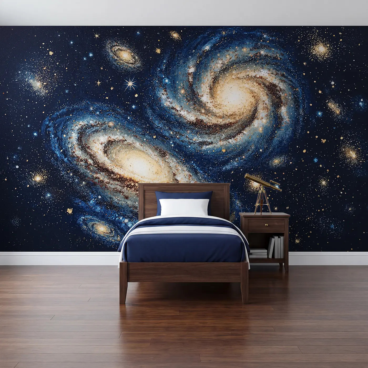 Block Print spiral galaxy core wallpaper mural for kids room by Whimsy Tots
