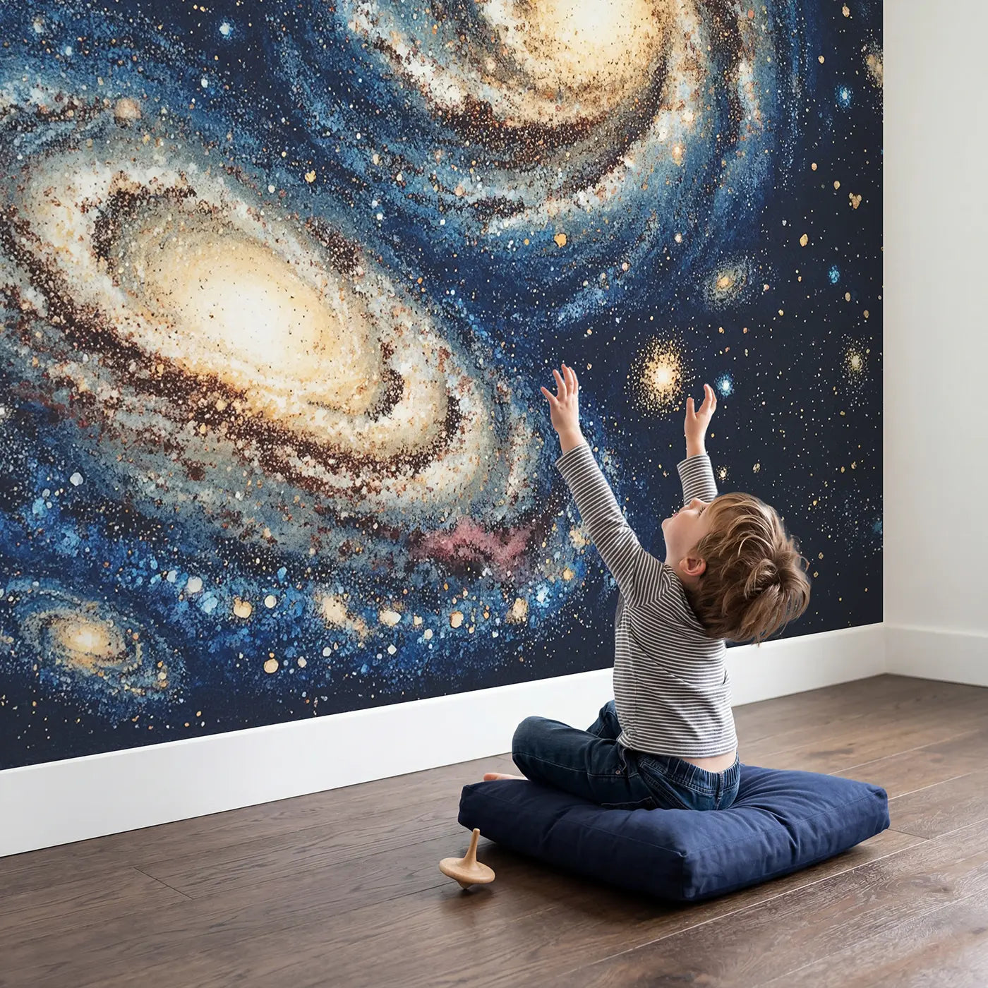 Child in nursery with Spiral Galaxy Core Wallpaper Mural by Whimsy Tots