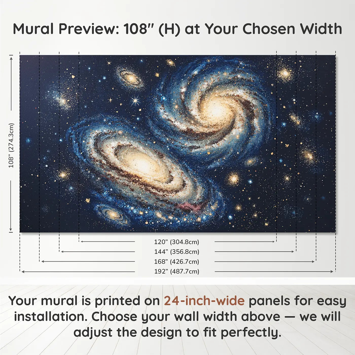 Panel layout and dimensions for Spiral Galaxy Core Wallpaper Mural by Whimsy Tots