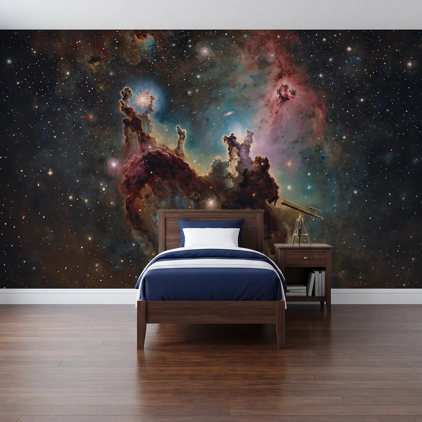 Modern illustration nebula pillars with newborn stars wallpaper mural for kids room by Whimsy Tots