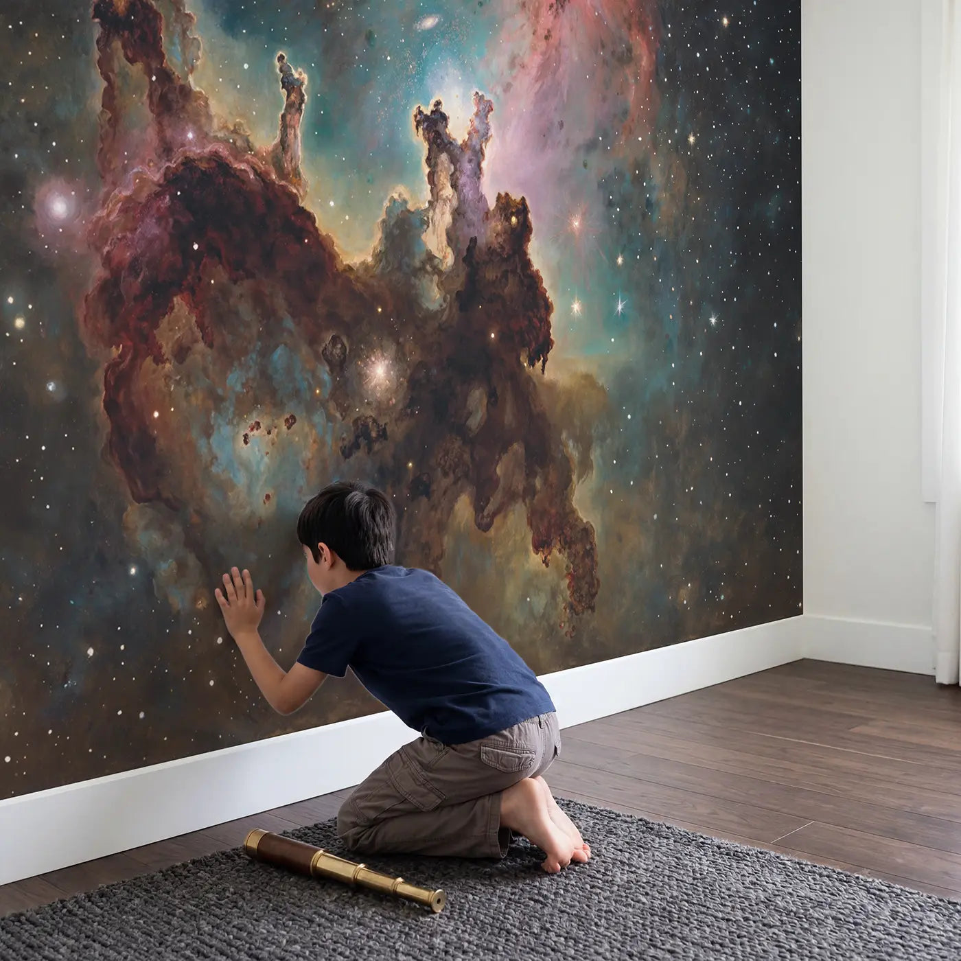 Child in nursery with Nebula Star Nursery Pillars Wallpaper Mural by Whimsy Tots