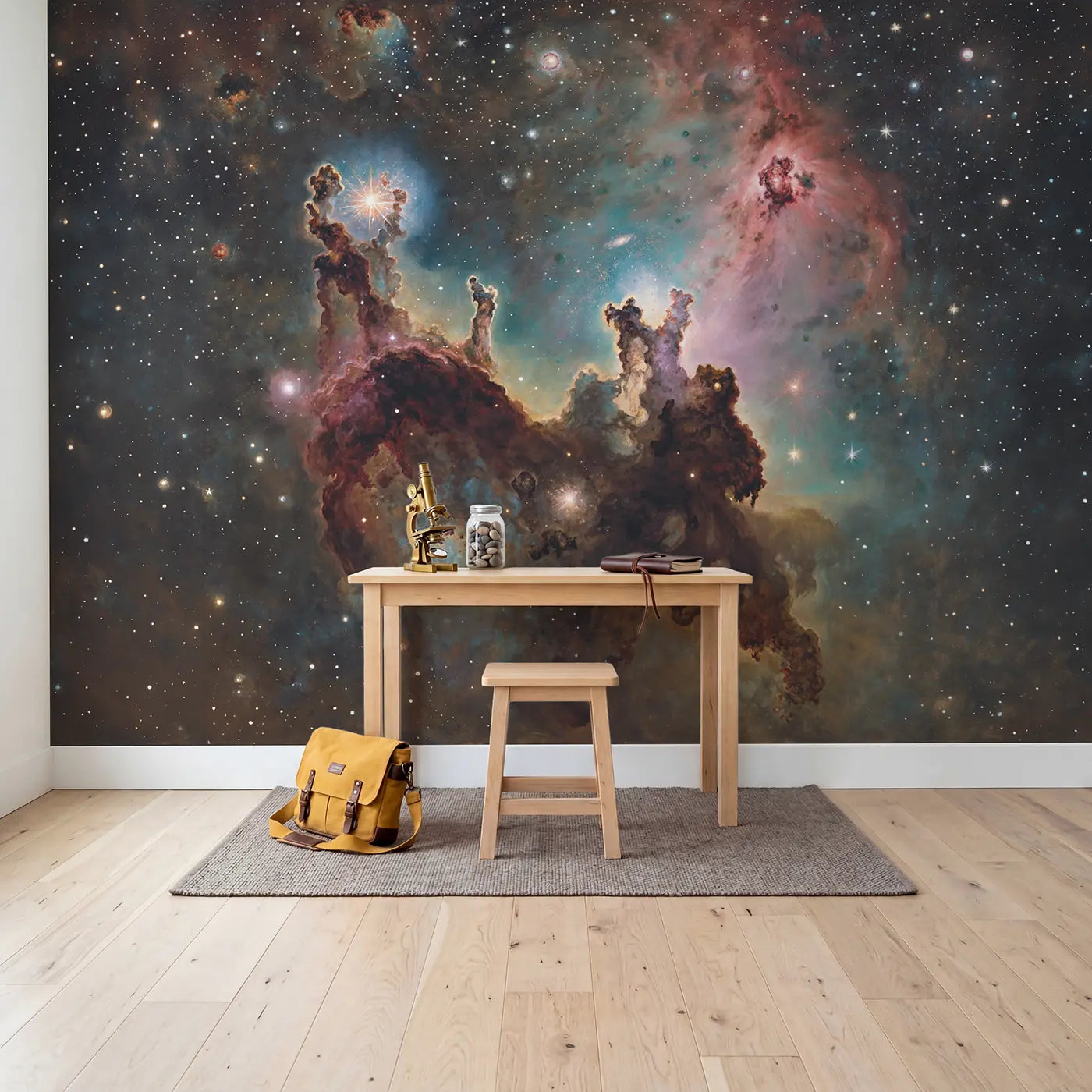Nebula Star Nursery Pillars Wallpaper Mural in playroom setting by Whimsy Tots