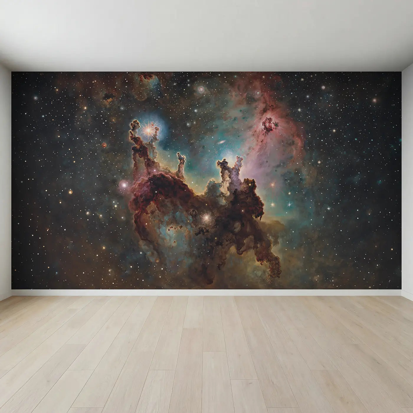 Full view of Nebula Star Nursery Pillars Wallpaper Mural by Whimsy Tots