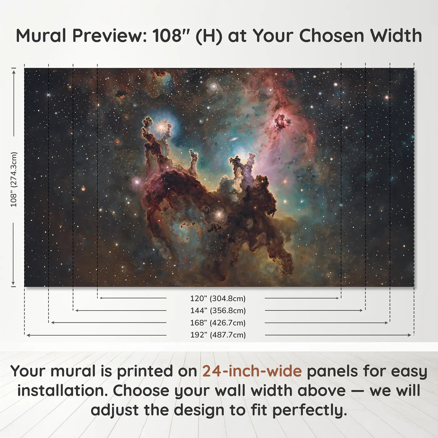 Panel layout and dimensions for Nebula Star Nursery Pillars Wallpaper Mural by Whimsy Tots