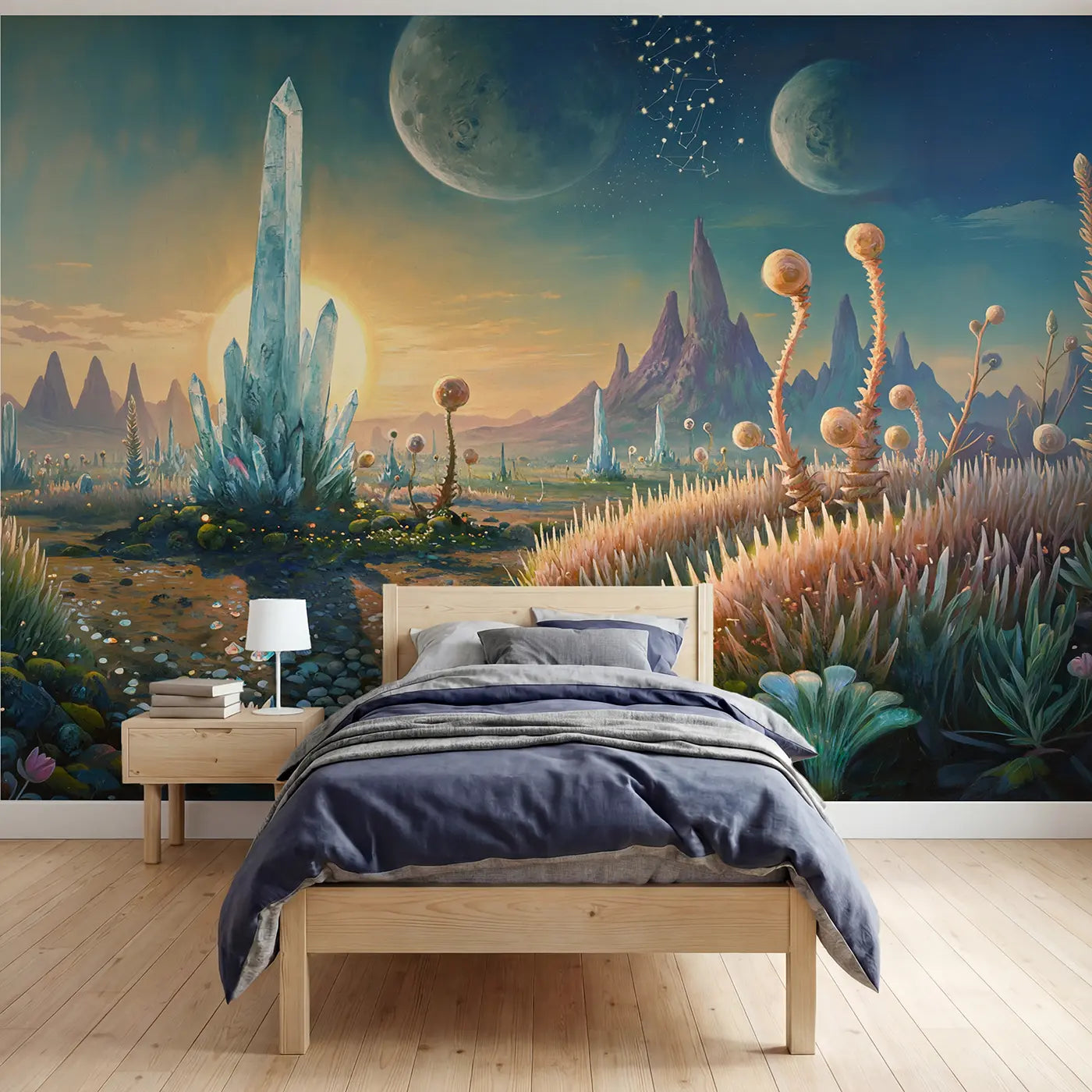 Painted planet and star wallpaper mural for boys room by Whimsy Tots