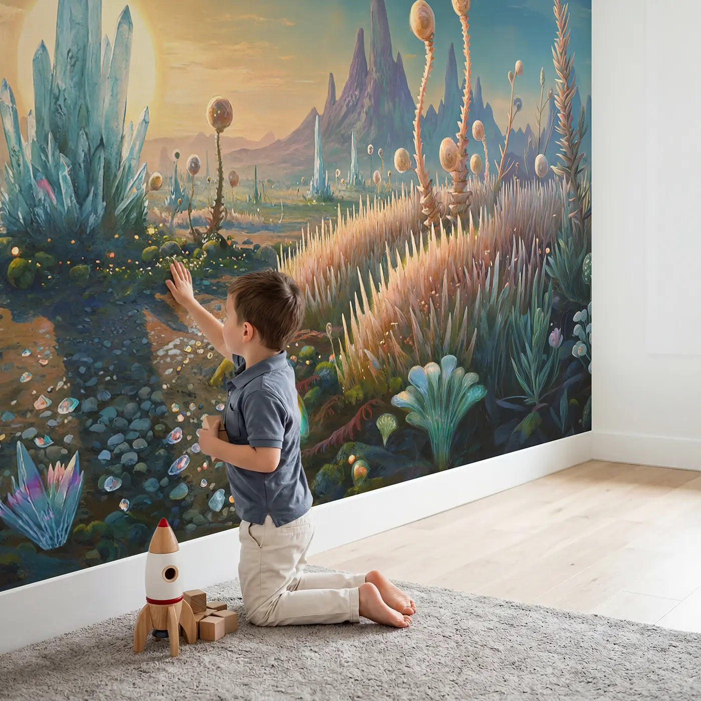 Child in nursery with Alien Planet Crystal Garden Wallpaper Mural by Whimsy Tots