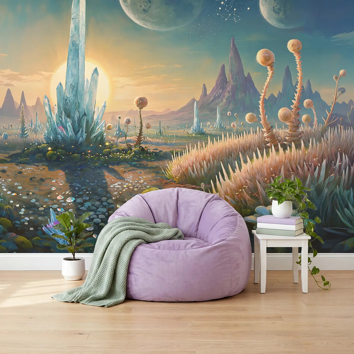 Alien Planet Crystal Garden Wallpaper Mural in playroom setting by Whimsy Tots