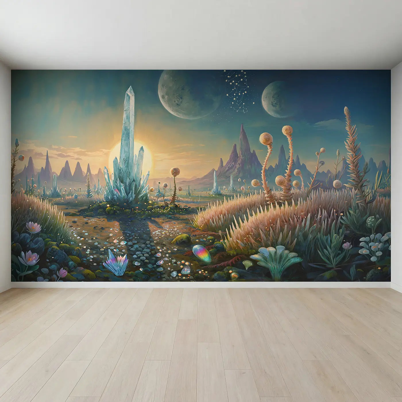 Full view of Alien Planet Crystal Garden Wallpaper Mural by Whimsy Tots